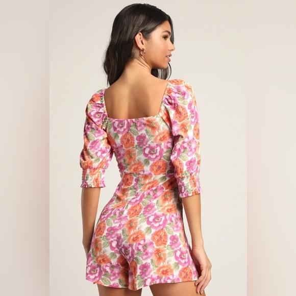 Lush Pink and Orange Floral Font-Tie Romper with Puff Sleeves Small - Picture 4 of 12
